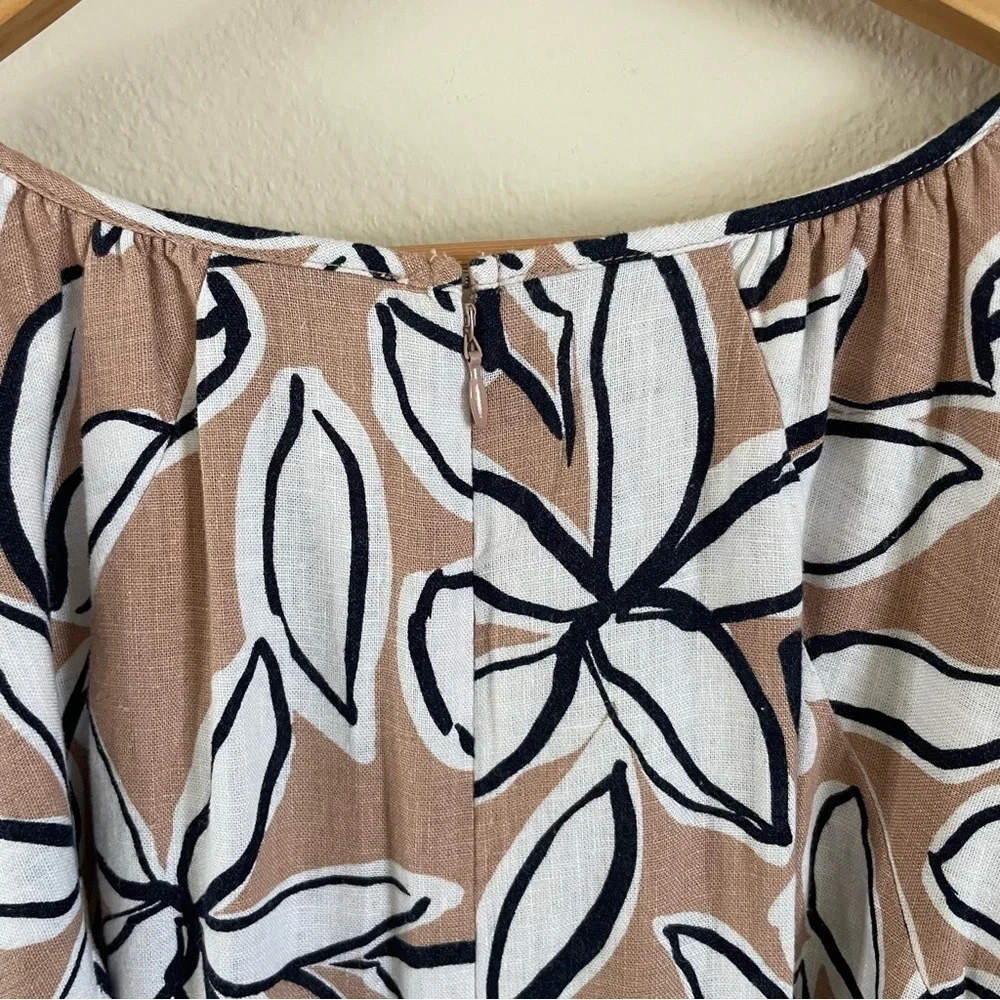 NWT Loft Outlet Linen Blend Floral Print Ivory Tan Navy Dress Size 14P